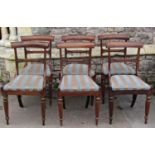 Set of six 19th century rosewood bar back dining chairs with carved and moulded splats, over drop-in