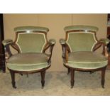 Pair of unusual inlaid Edwardian low drawing room armchairs with upholstered seats, back pads and