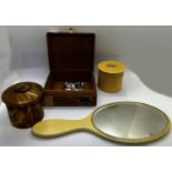 Small box of miscellaneous including a letter knife with tunbridge ware handle, Bakelite snuff
