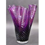 A late 20th century purple glass handkerchief vase 25cm tall, a blue and white hand blown slender