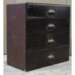 Vintage wooden haberdashery chest of four long drawers, with centralised gadrooned cup handles,