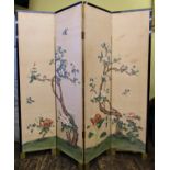 A Japanese lacquered four divisional room divider of full height, each panel with painted detail