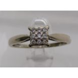 9ct white gold diamond cluster ring of square form, 0.15ct total approx, size O, 1.7g