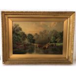 After B. Cook - Watering Cows, early 20th century lithograph, 47 x 72 cm, in moulded gilt frame with