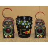 Two 'Kenlite' warning lanterns, together with three tin pails, all with decorative hand painted
