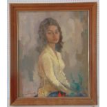 20th Century School - Portrait of a Girl in a Yellow Shirt, indistinctly signed lower left, oil on
