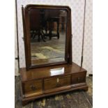 Small Georgian mahogany toilet mirror, the box base with three frieze drawers on bracket supports
