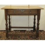 A Georgian oak country made side table with frieze drawer, on four turned supports, 90cm wide