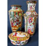 Three 19th century Chinese Cantonese Famille Rose porcelain items: including two vases and a box
