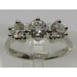 Good quality 950 platinum three stone diamond ring, stones 0.45ct each approx, maker 'OJ', size N,