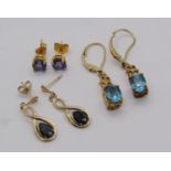 Two pairs of 10k blue gem earrings and a further 9ct pair set with pear cut sapphires, 3.8g total