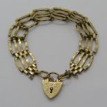 Vintage 9ct gate link bracelet with engraved heart padlock clasp, 15.3g