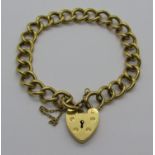 18ct curb link bracelet with heart padlock clasp, maker 'S&K', London 1968, 39.9g (clasp af)