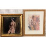 Two Nude Female Studies - Woman in Dark Room, oil on board, unsigned, 35 x 35 cm; 'Blue