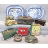 Two Willow patterned oval meat platters, a copper cistern float, a Mickey Mouse book, a money box