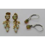 Pair of 14ct opal and diamond drop earrings of trailing design, 3.8g (associated butterflies),