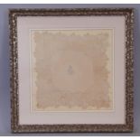 19th century handkerchief with wide bobbin lace border, central monogram and initialled BS. Framed