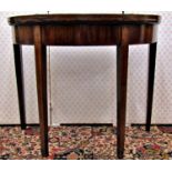 A Georgian mahogany demi lune foldover top tea table on square taper legs with inlay detail, 93cm