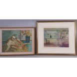 Two Works by Local Artists: Audrey Green - 'Cat Washing' oil on board, monogram lower right,