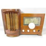 A vintage RAP wooden cased three band valve radio with white Bakelite dials, 53cm wide, a vintage