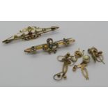 Two antique 9ct brooches set with seed pearls, etc, 6.8g total