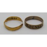 Antique yellow metal enamelled ‘Andenken’ (souvenir) ring, 1.6g and a 22ct wedding ring, 1.6g (