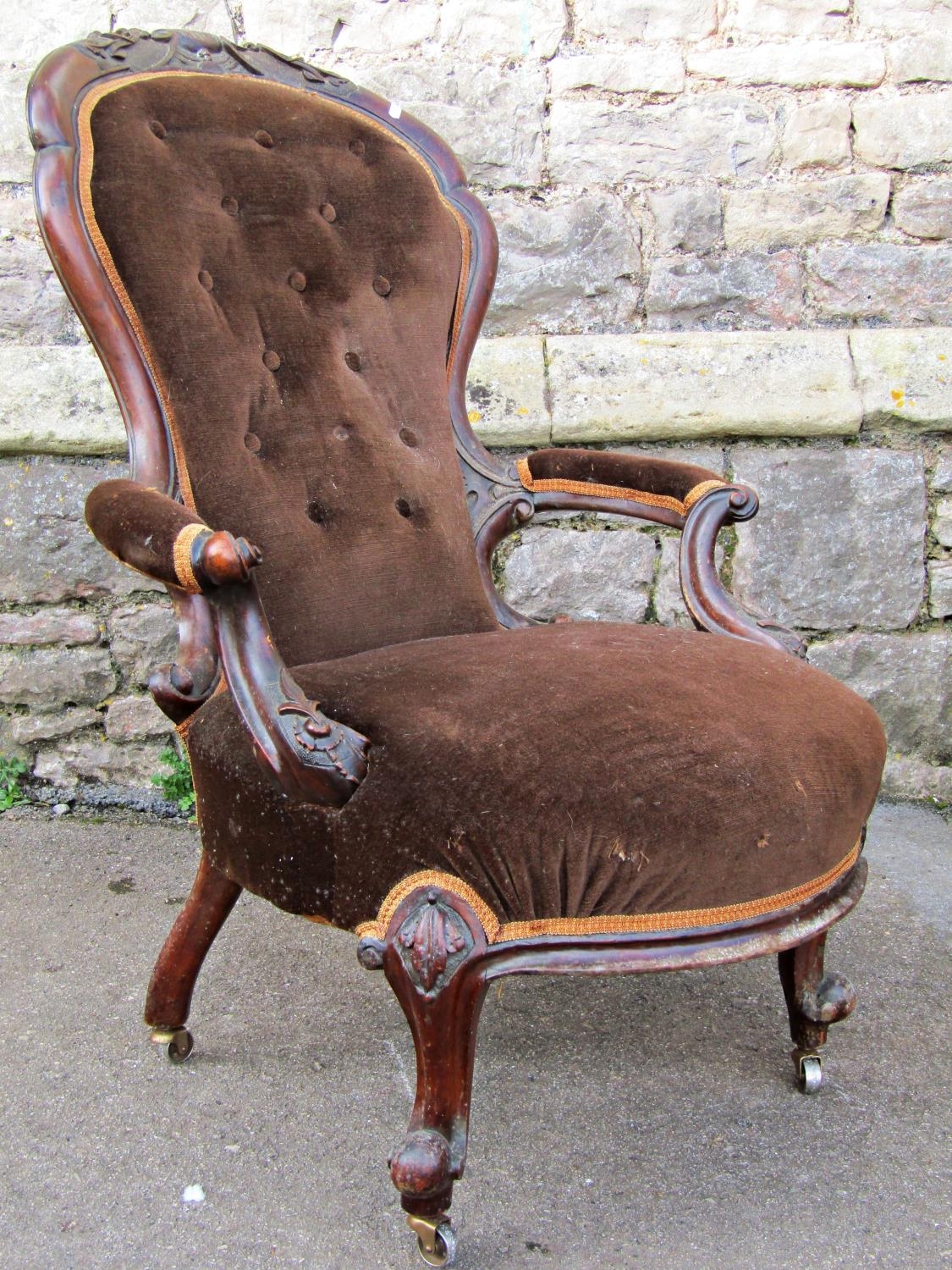 Victorian spoon back drawing room chair with upholstered seat and back, within a shaped carved and