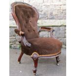 Victorian spoon back drawing room chair with upholstered seat and back, within a shaped carved and