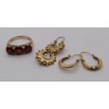 9ct garnet three stone ring, size O/P, together with two pairs of 9ct creole type earrings, 6.5g