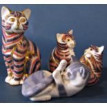 Three Royal Crown Derby ceramic cat figures together with a further Copenhagen example
