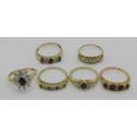 Six 9ct gem set rings of various design, to include four examples set with diamonds, 14g total