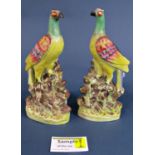 Two 19th century Staffordshire figures of pheasants, two majolica jugs, etc, building façade, etc