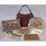 Ladies vintage accessories including a crocodile skin bag by Ackery (London), 2 petit point