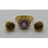 9ct amethyst and seed pearl cluster ring, size N and a pair of 9ct citrine stud earrings, 6.8g total