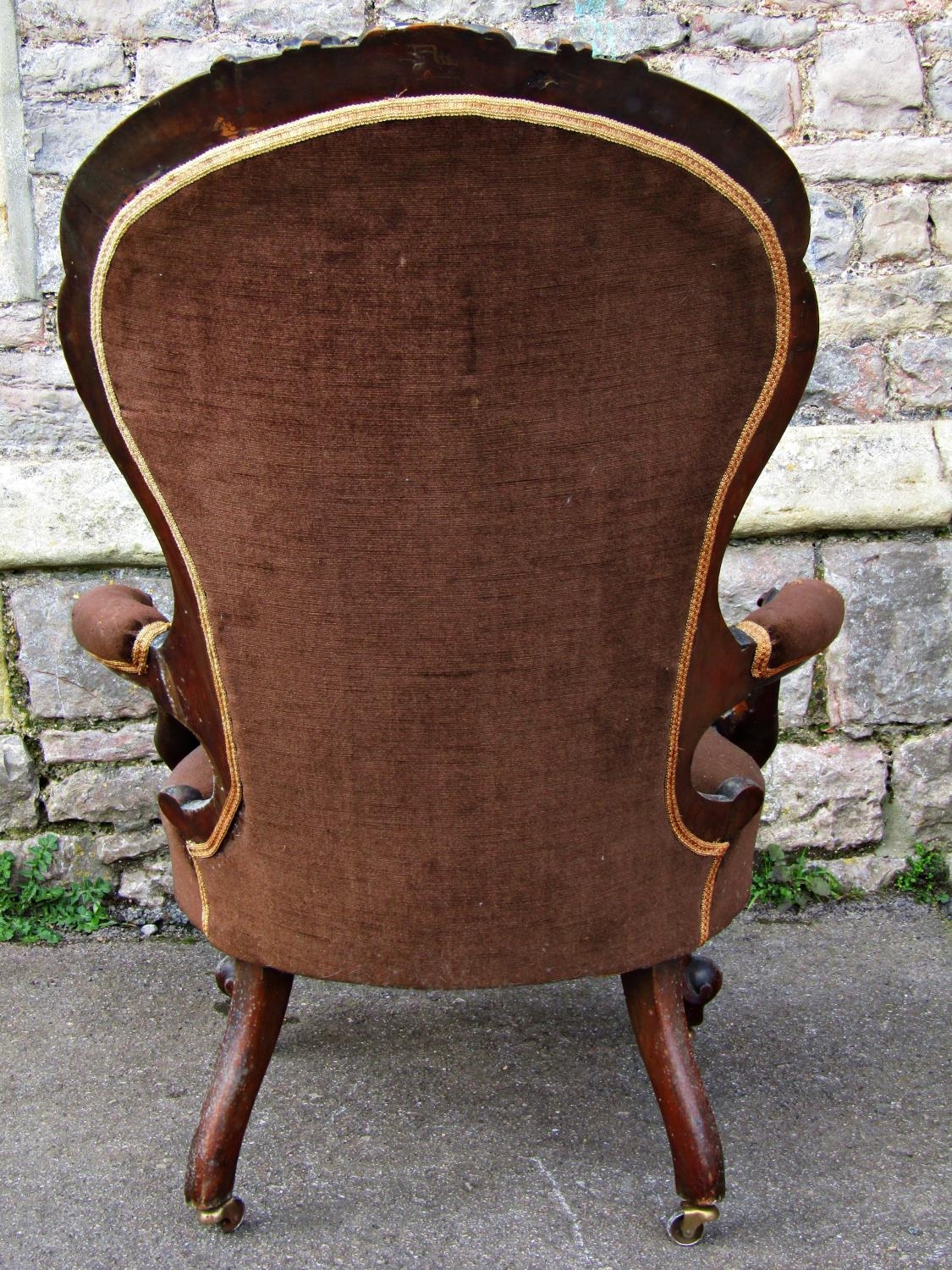 Victorian spoon back drawing room chair with upholstered seat and back, within a shaped carved and - Image 3 of 3