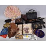 A collection of Ladies vintage dressing accessories including beaded evening bags, a French silk