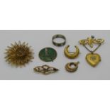 Group of jewellery to include two 9ct pieces, 1.5g total, filigree flower head brooch, Art Nouveau