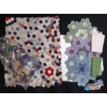 Assorted patchwork projects including a vintage hand stitched patchwork panel of hexagons