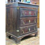 Small 19th century continental chest of three long drawers, set within a pair of reeded columns with