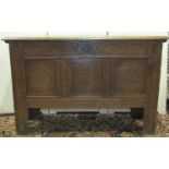 18th century oak coffer, the front elevation with repeating flowerhead detail, 108cm wide