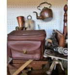 A miscellaneous collection of items including, a mahogany pipe stand, a large brass key 36cm, two