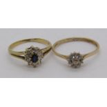 Two 9ct diamond cluster rings, one also set with a sapphire, 3.2g total