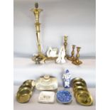 A mixed lot including a Doulton’s Improved Foot Warmer, a pair of brass candlesticks, a brass kettle