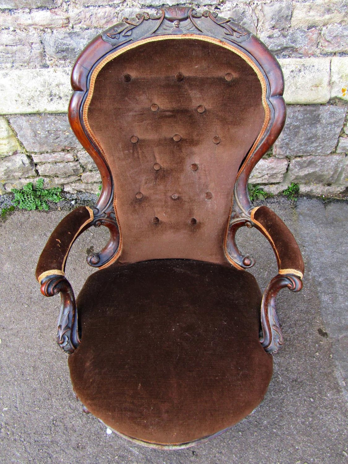 Victorian spoon back drawing room chair with upholstered seat and back, within a shaped carved and - Image 2 of 3