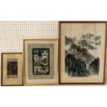 Three Asian Works of Art: Chinese ink and watercolour painting of the Great Wall of China, signed
