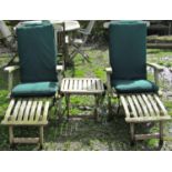 A pair of good quality weathered teak folding steamer type garden lounge chairs labelled 'Teak Tiger
