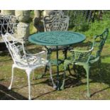 A green painted cast aluminium garden terrace table with decorative circular pierced top 80 cm