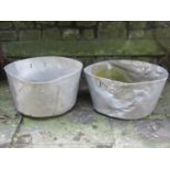 A pair of outsized aluminium pans (af) approx 60cm diameter x 30cm high
