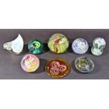 A Cenedese glass bird paperweight, seven further paperweights including Whitefriars and Caithness