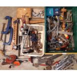 A good collection of workshop tools including G clamp, spanners, ring spanners, plane, mole grips,